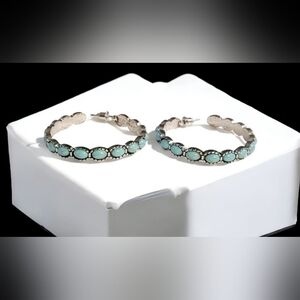SOLD OUT! Womens Turquoise Antique Silver Hoop Earrings
